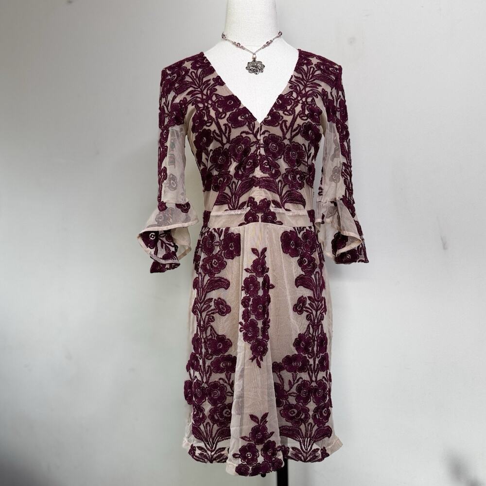 For Love & Lemons Embroidered Mesh Mini Dress V Neck Sheer M